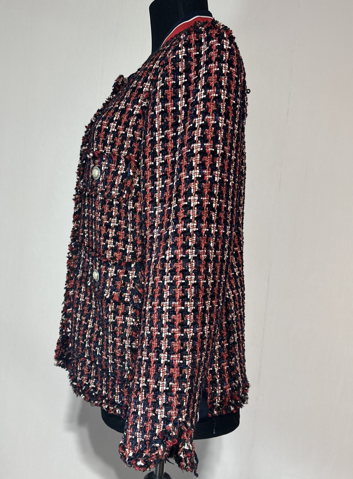 ZARA WOMAN TWEED JACKET BLAZER WITH STRIPED DETAIL Sz Medium M Red Blue White