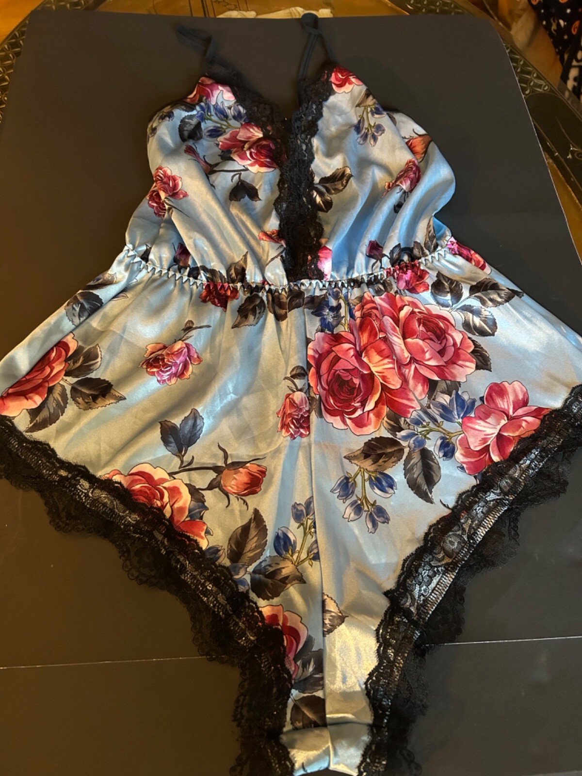 Glossy Satin Blue Floral Shiny Bodysuit TEDDY PLAYSUIT Romper Lingerie Cami M
