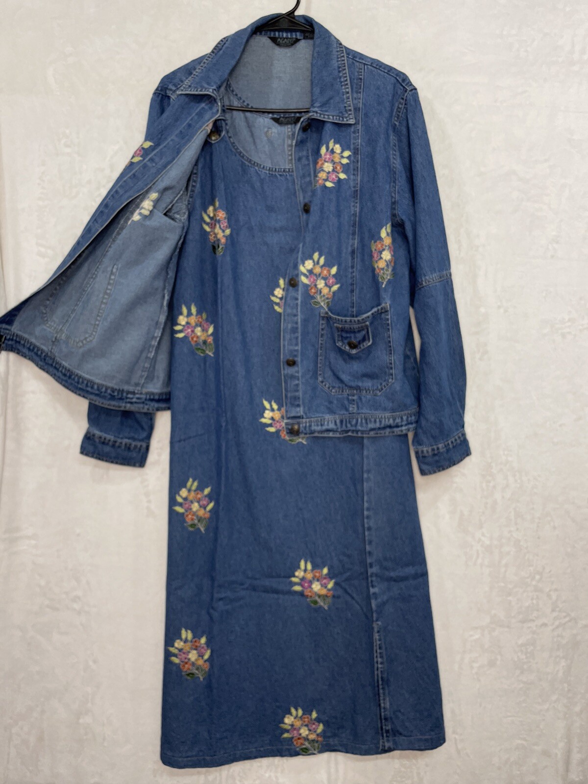 Vtg AGAPO Denim Overall Jumper Maxi Dress XL & Jacket AOP Floral 90s Y2K Cottage