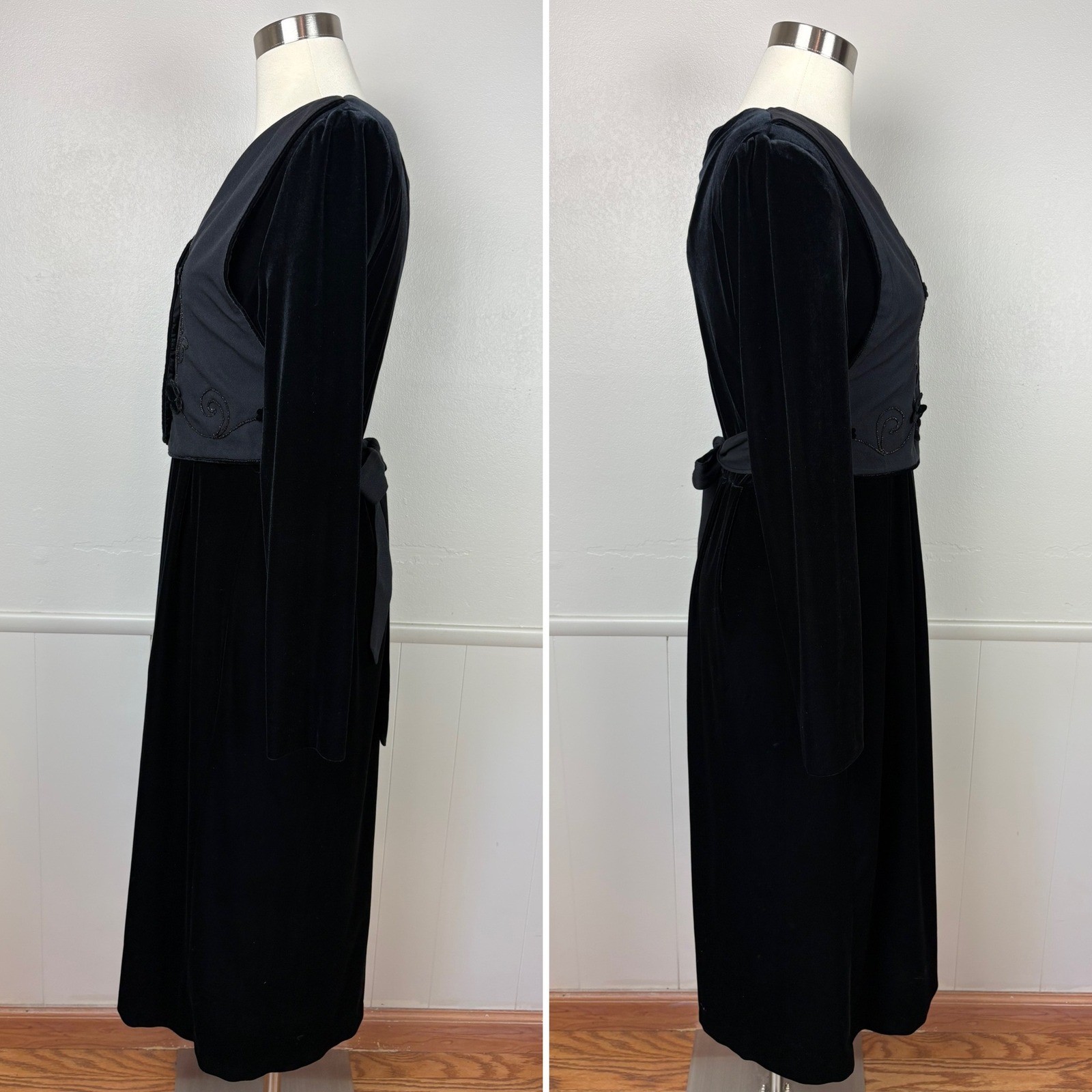 J.B.S. Ltd Vintage Velvet Midi Dress with Beaded Faux Vest Sz 12 Modest 80s 90s