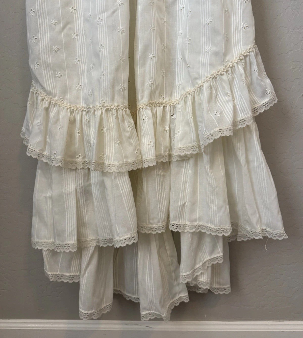 Vtg 70s Ivory Wedding Dress Prairie Cottage Core Peasant Bonnet Hat Veil Trek