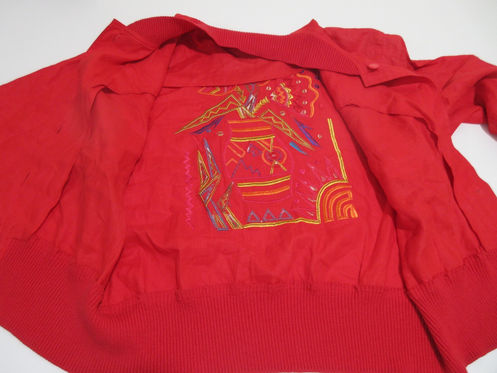 Sz 8 M VINTAGE 90s I B Diffusion Tribal Embroidered Red Linen Bomber Jacket Top