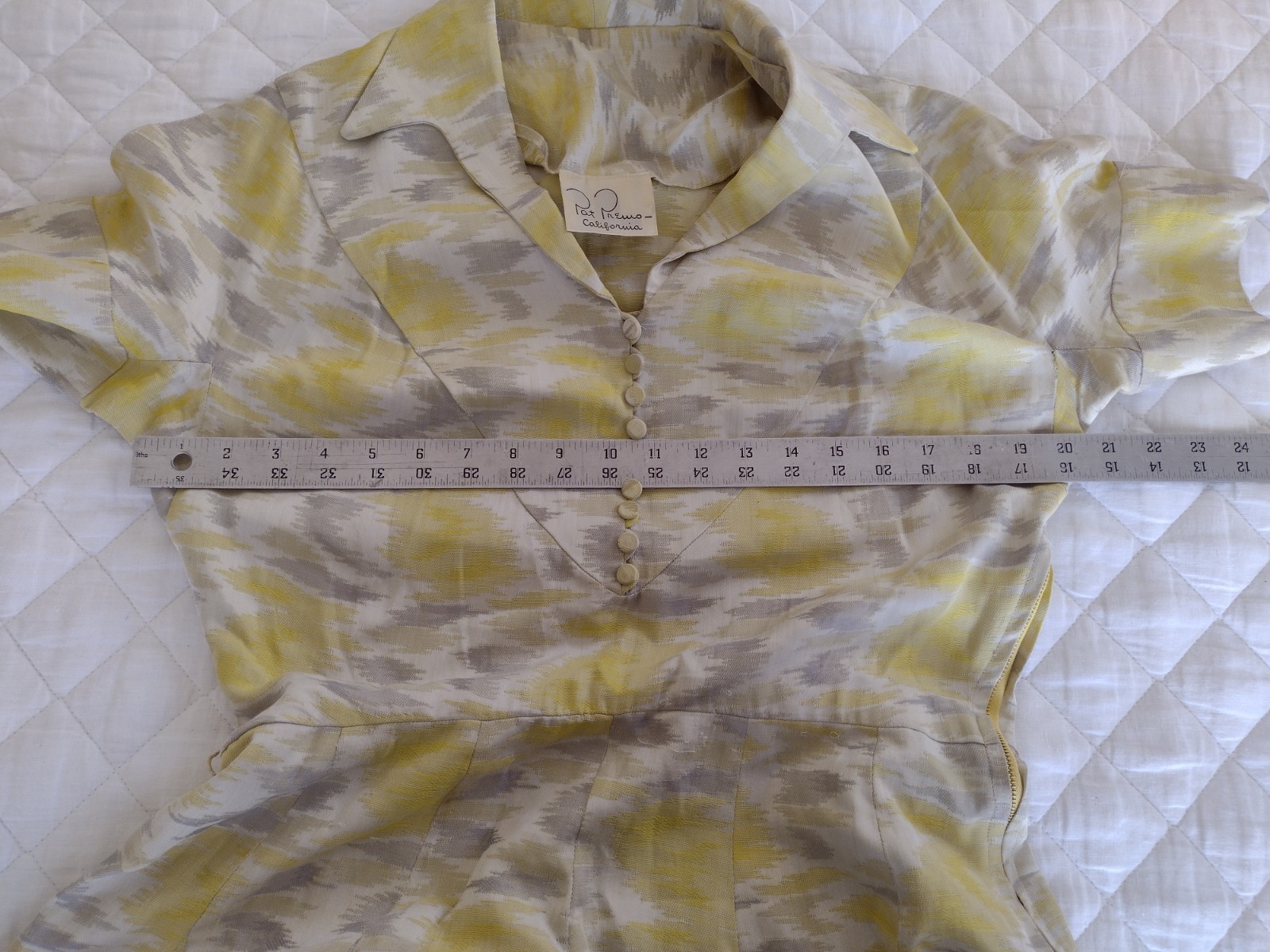 VTG Pat Premo Midi Dress Yellow Grey 50s 60s Cottage Full Skirt Mid Century MCM