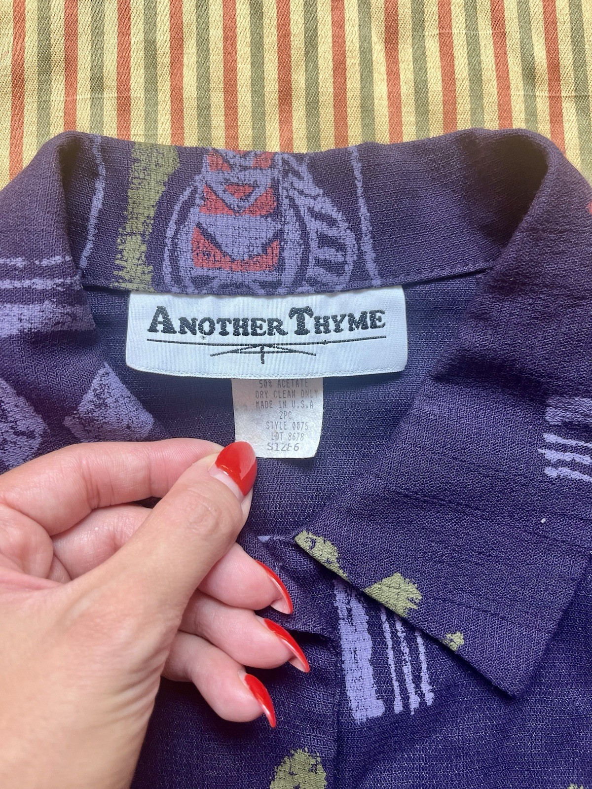 Vintage Another Thyme Purple Blouse Rayon Acetate Art Deco Fish Print 80s USA S