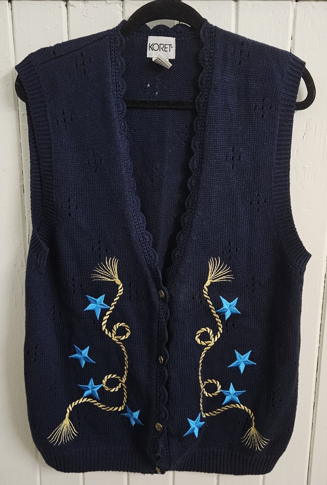 VTG Koret Navy Blue Floral Embroidered Vest Cotton Ramie Stars Nautical US Sz M