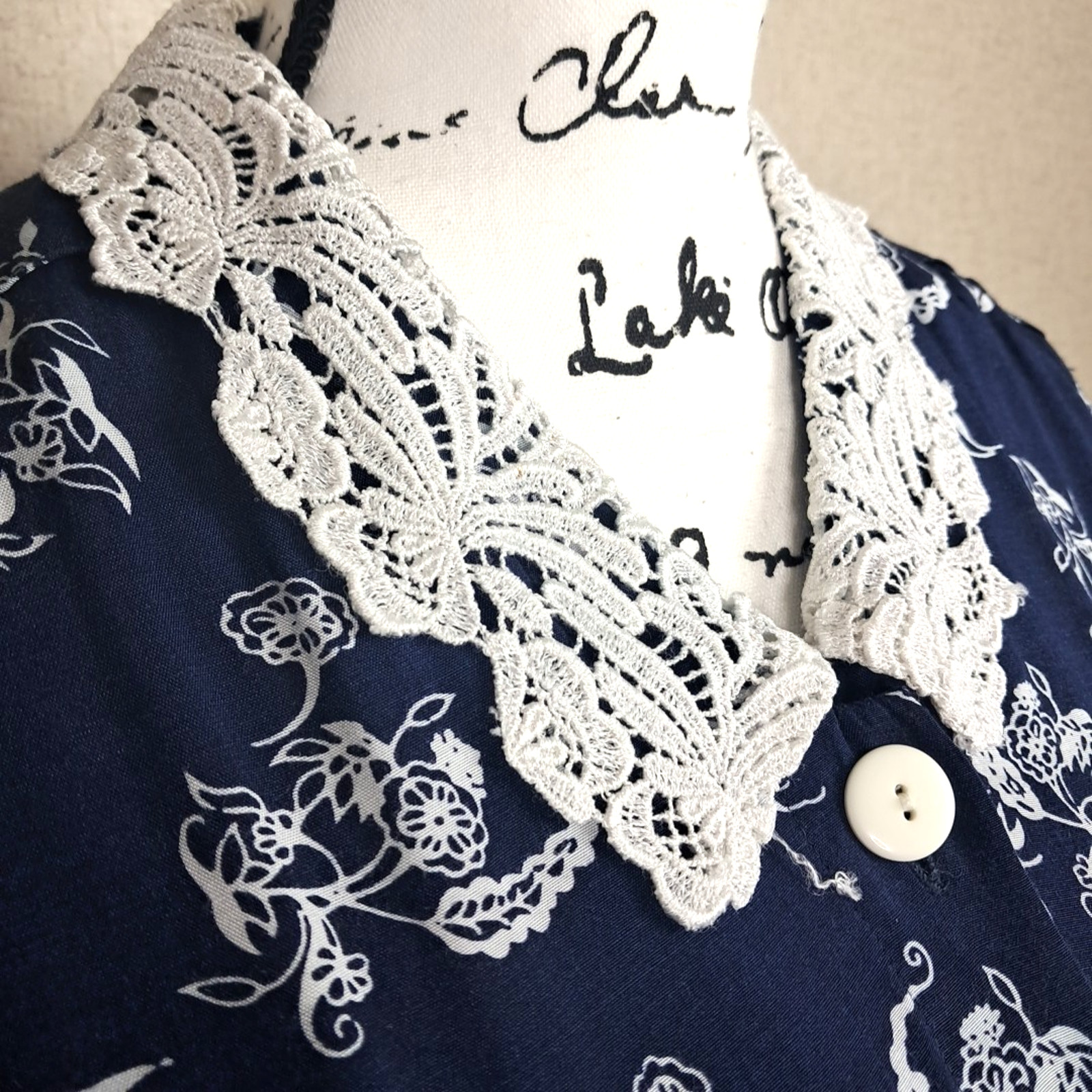 90’s Karen Stevens Floral Lace Collar Pencil Midi Dress Size 6 Blue Cottagecore