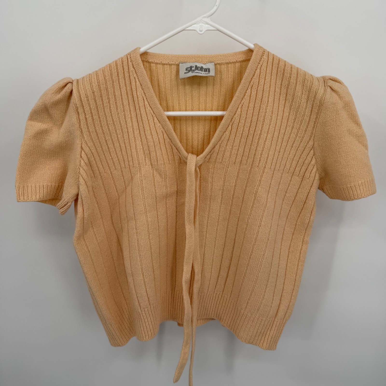 Vintage St John by Marie Gray Womens M Skirt Set Peach Knit Ribbed Tie Front Top