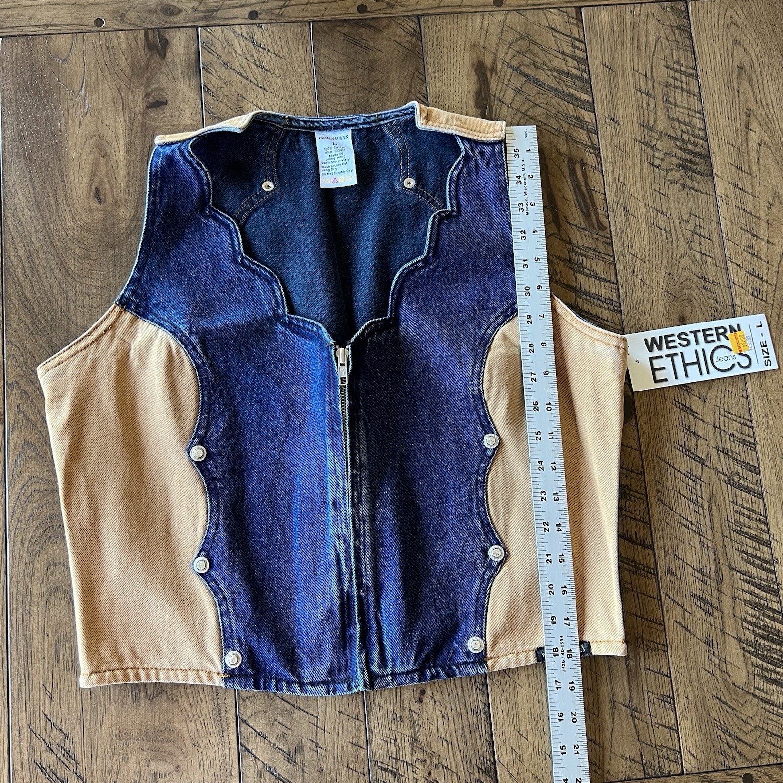 Vintage Western Ethics Bling Vest L Denim Tan 2 Tone 80s Scalloped Zip Cowgirl