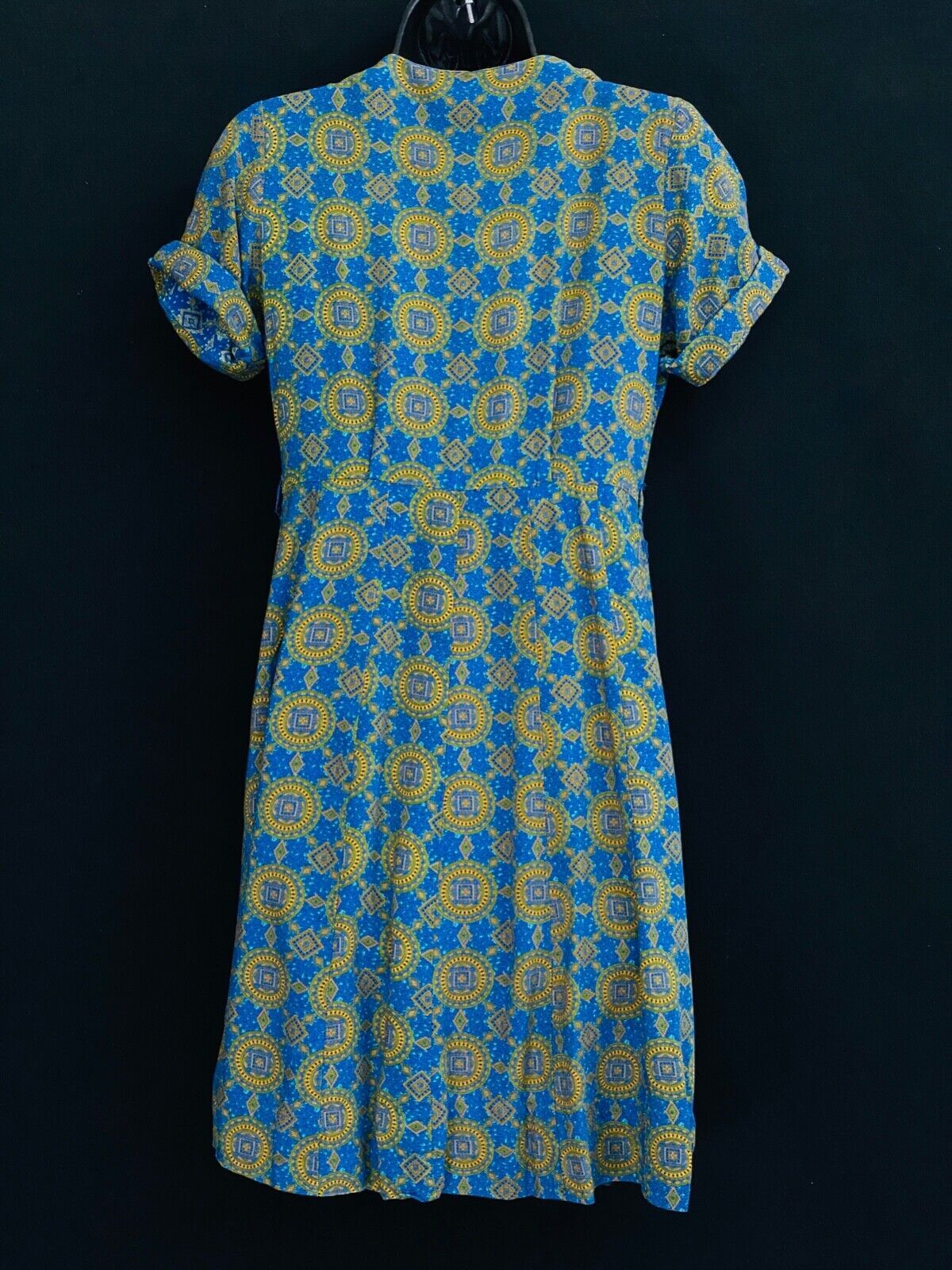 Vintage 1950s blue gold dress, cotton summer short sleeve shirt rayon green S
