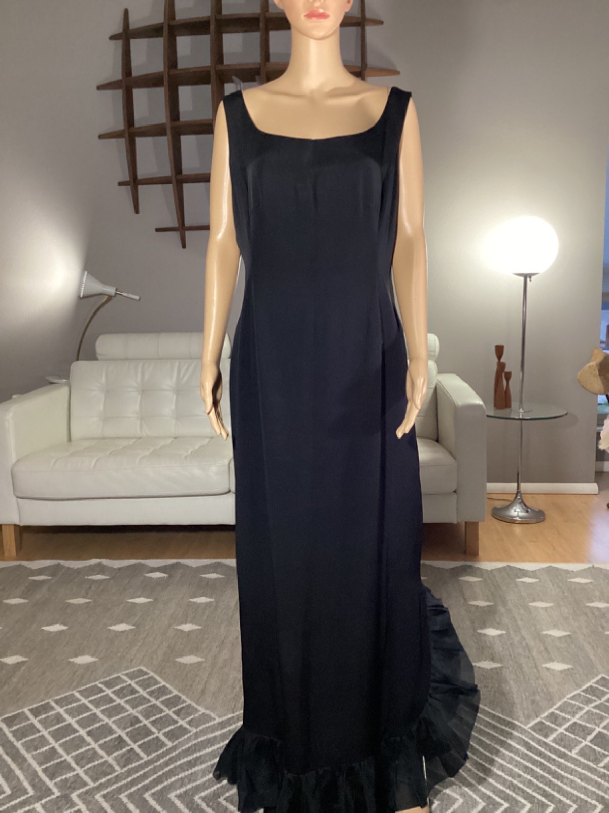 Vintage 50’s Black Wiggle Maxi Cocktail Evening Dress Chiffon Ruffle Trim XL