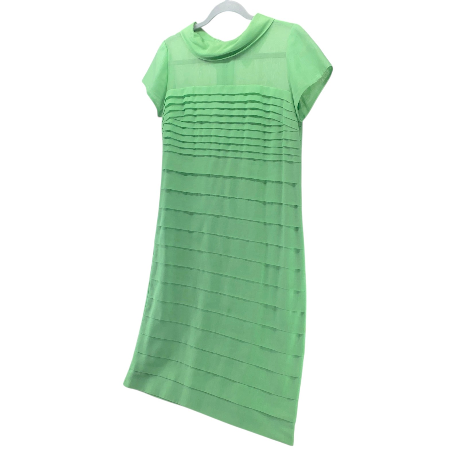 Vintage Leslie Fay Dress Medium Mint Green Pleated Cowl Neck Back Button Shift