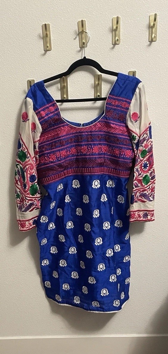 Gorgeous Indian vintage dress vibrant colorful Blue and Pink Embroided elephants
