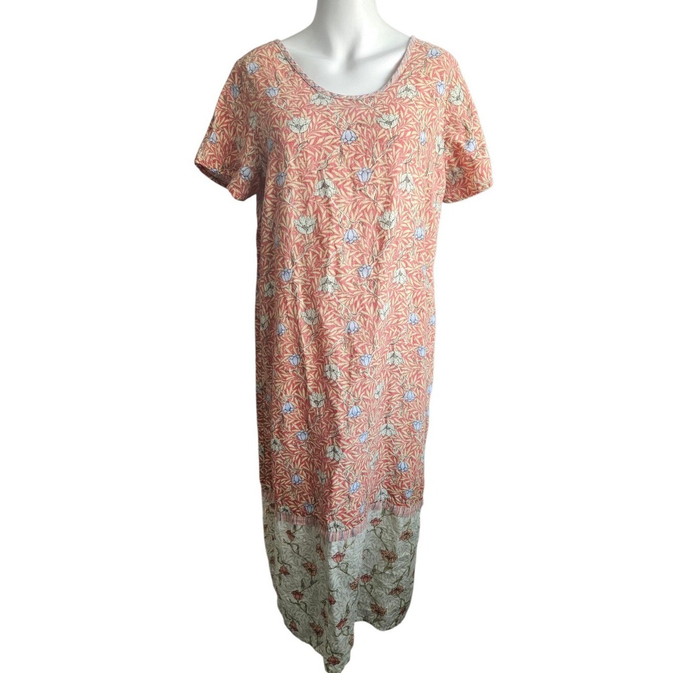 Vintage Flax Coral Pink Linen Floral Midi Dress Women’s Medium Boho Cottagecore