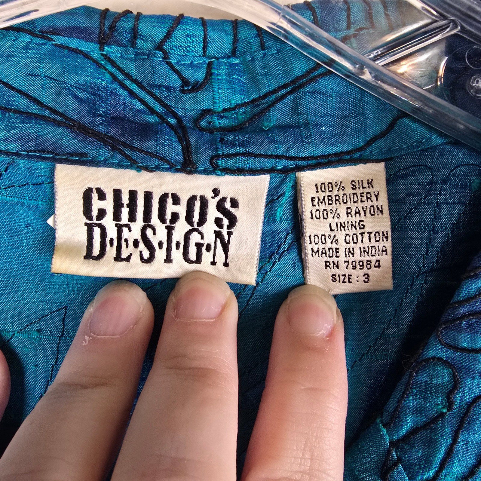 Vintage Chico’s Design 100% Silk Beaded Floral Shirt Teal Blue Boho Size 3