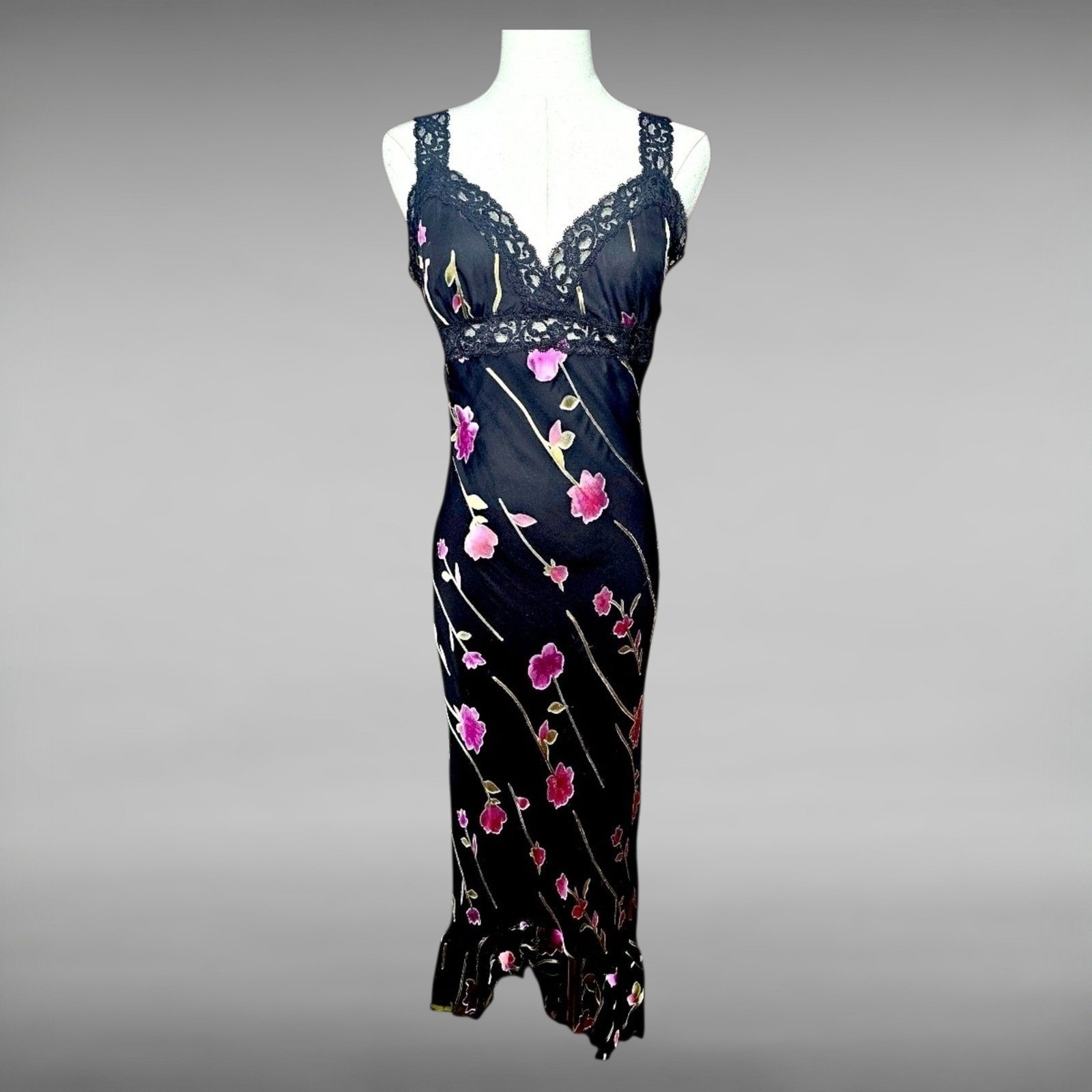 Rare Vintage 90s Betsey Johnson Silk Blend Floral Lace Slip Dress Black Pink M