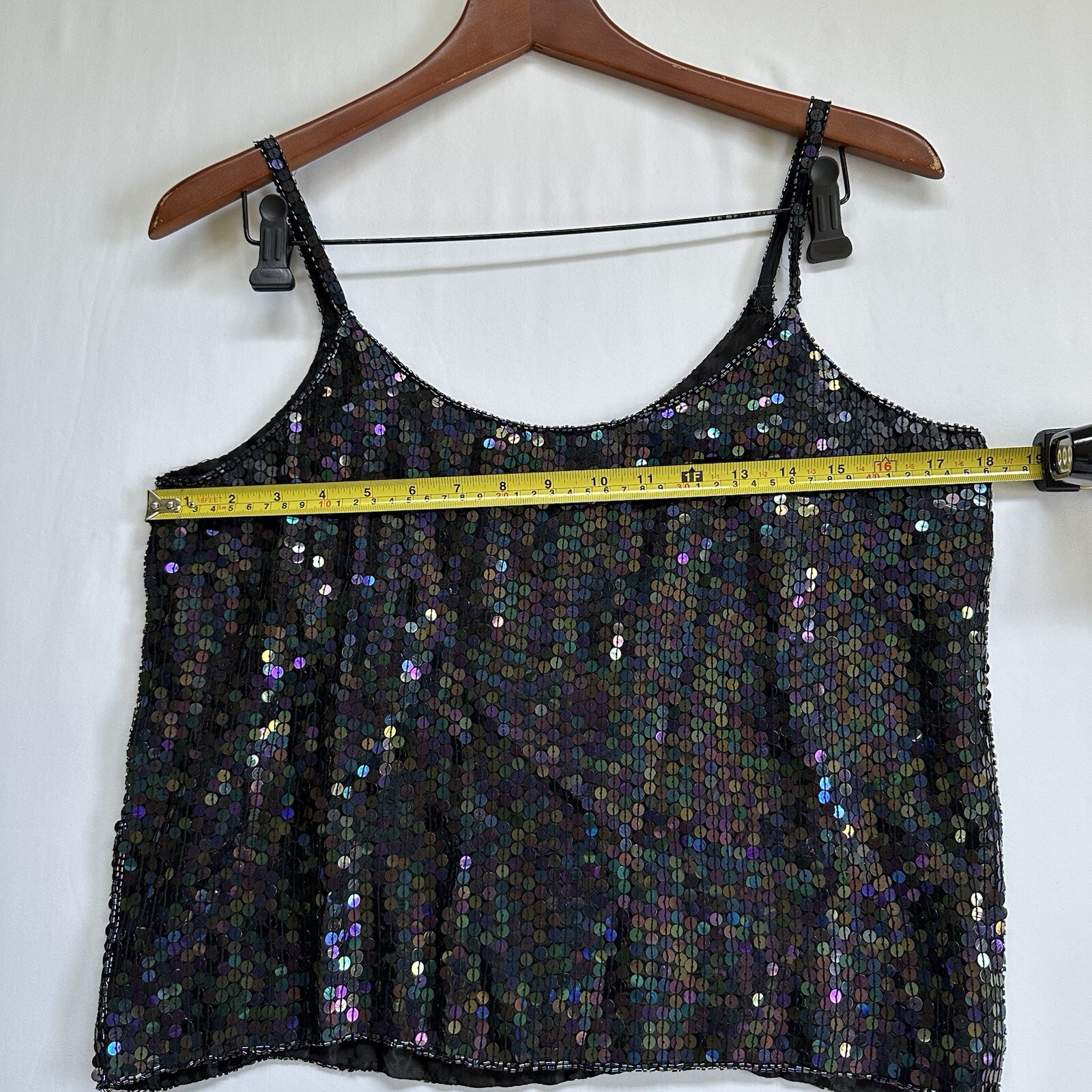VTG 100% Silk Sequins Beaded Spaghetti Black Strap Top Spell Bound Size Medium