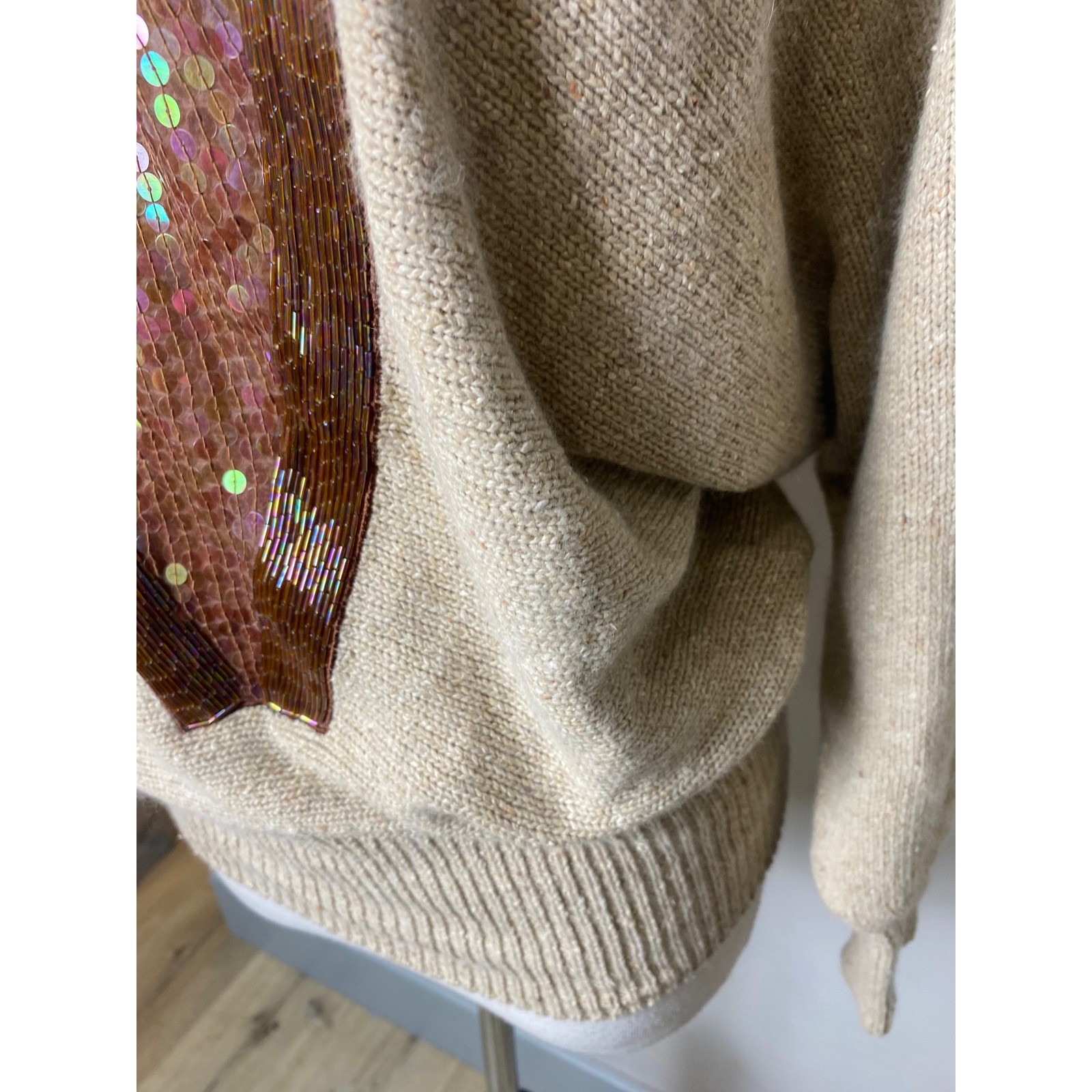Cedars Vintage Silk Blend Beaded Sequin Sweater Tan Gold Embellished Womens L