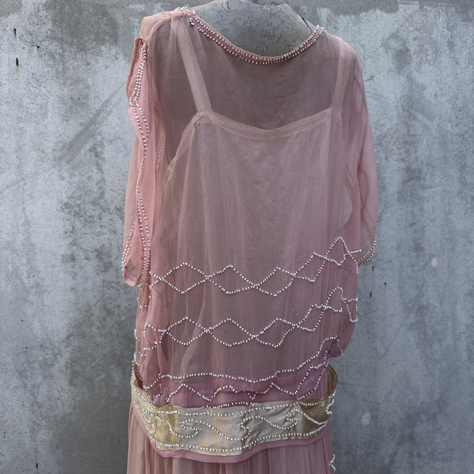 Antique 1920s Pink Silk Chiffon Dress Beaded Waves Oppenheim Collins Vintage