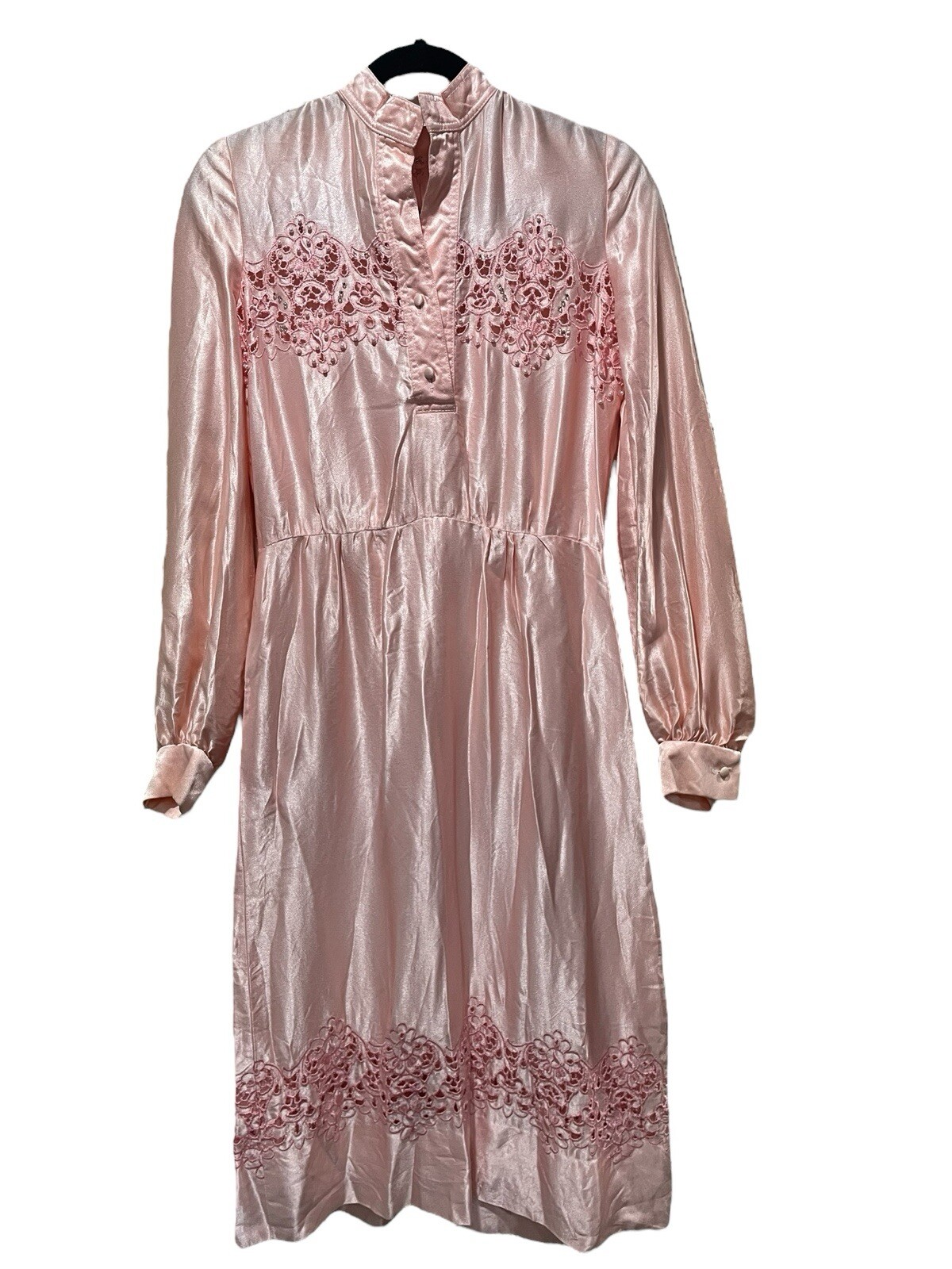 Vintage Pat Sandler 1970s Baby Pink Beaded Cut Out Accent Long Sleeve Dress M?