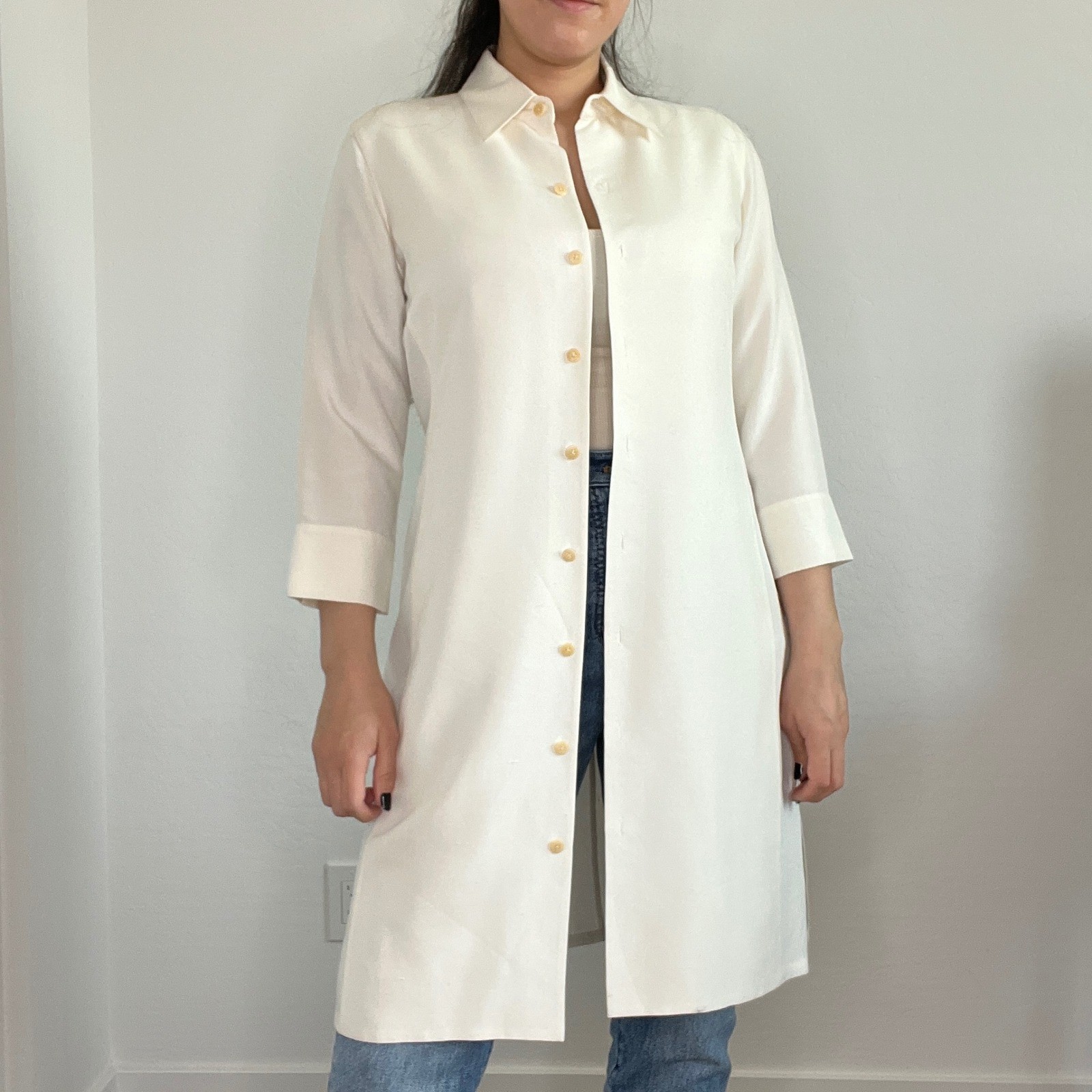Barry Bricken Shirt Dress Women XS Cream 100% Silk Longline Button Front Vintage