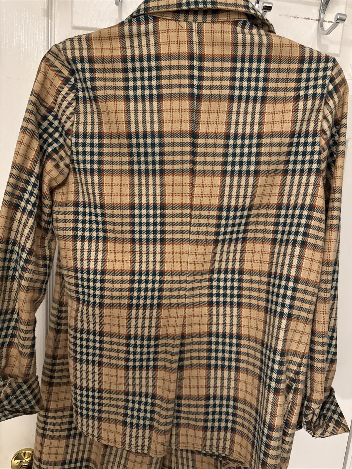 60s 70s Mod Bobbie Brooks Windowpane Plaid 2pc Pant Suit Black Tan Sz Tall