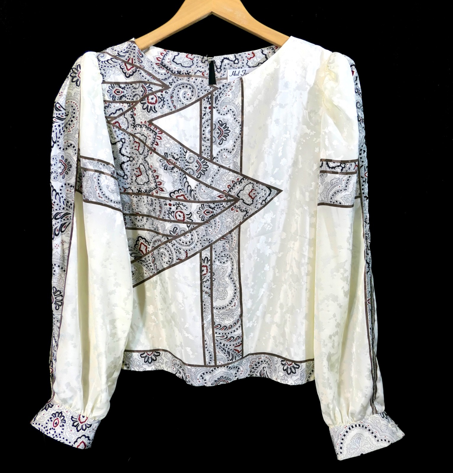 Vintage Silky Poly 80s Brocade Cropped Fan Pleat Sleeve Retro Mod Disco Blouse M