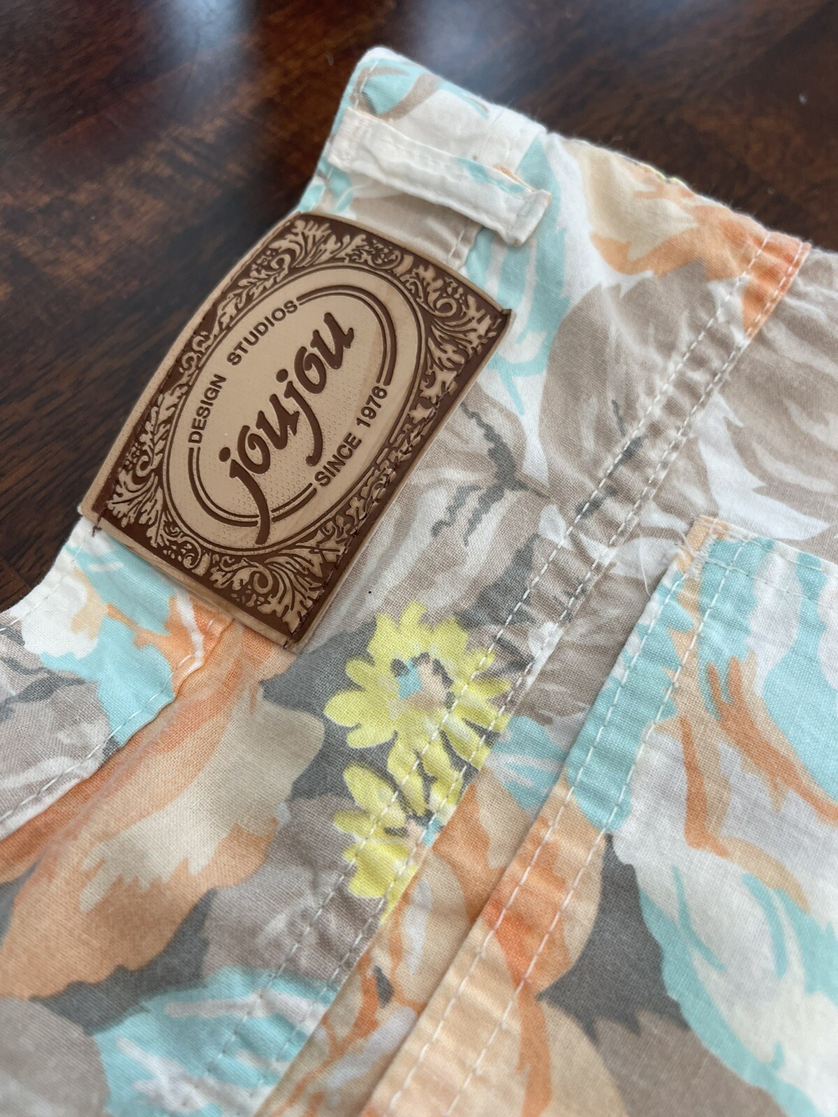 Jou Jou Pants Cotton-1980s-made In USA-EUC-floral-orange-turquoise-beige VTG