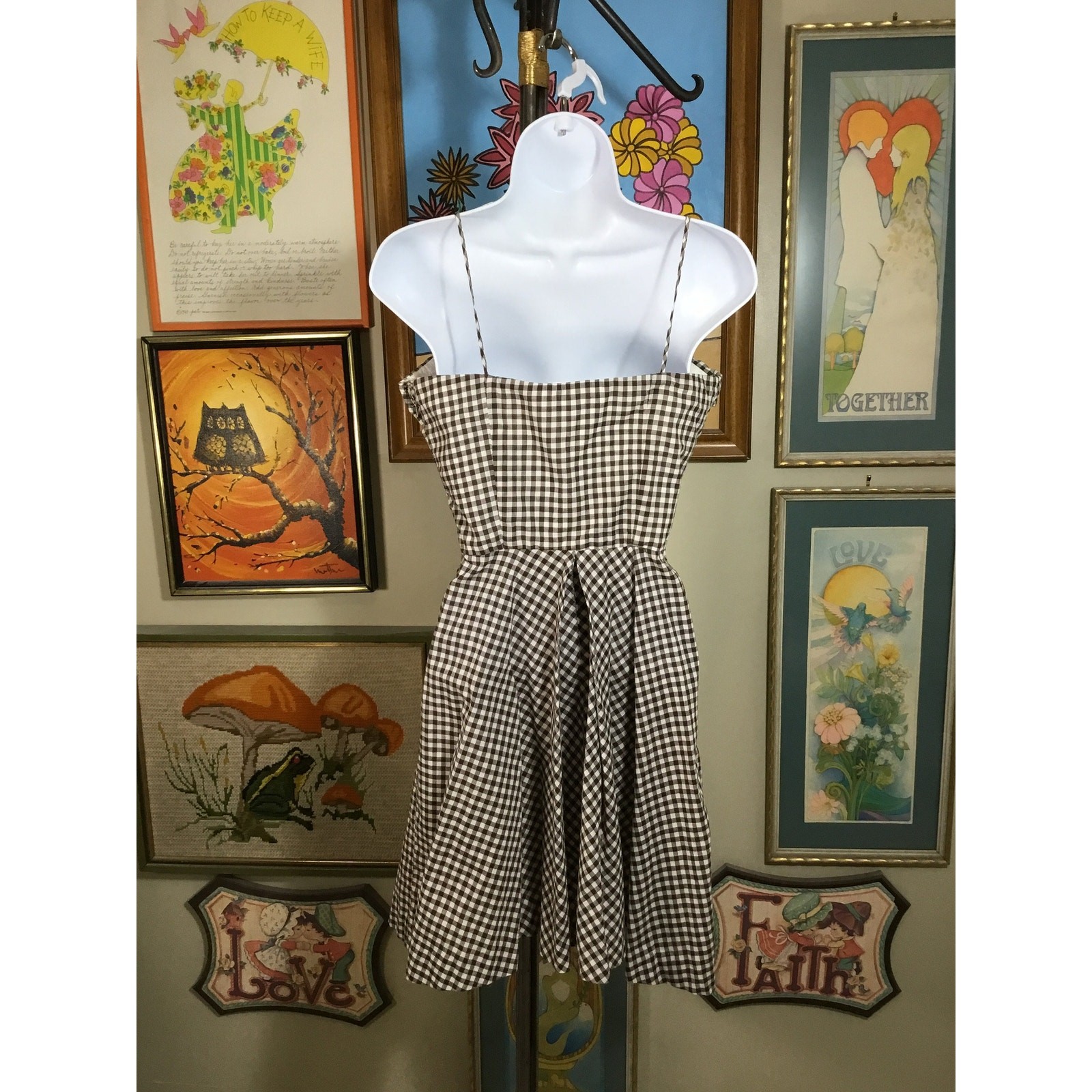 1950s Brown Gingham Sundress Vintage Cotton Check Dress with Shawl Set Small MCM
