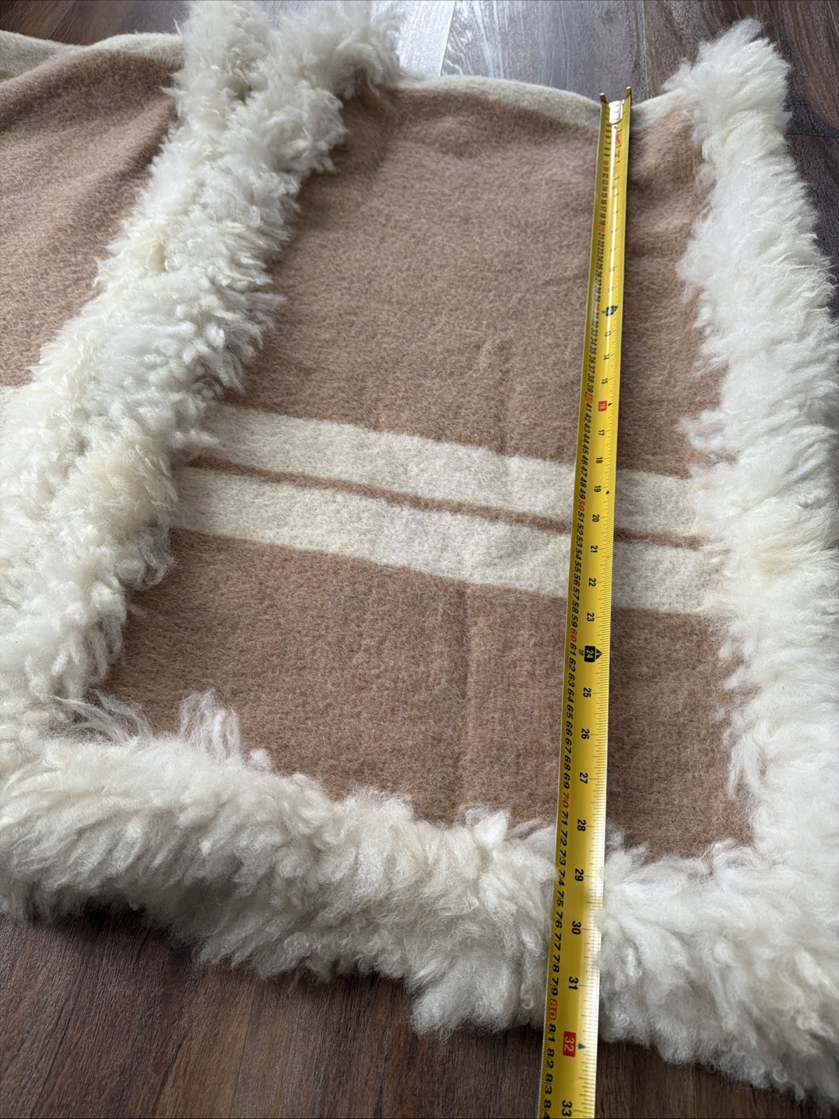 Vintage Boho Shearling Alpaca Trim Wool Cape Poncho Striped Wrap OS