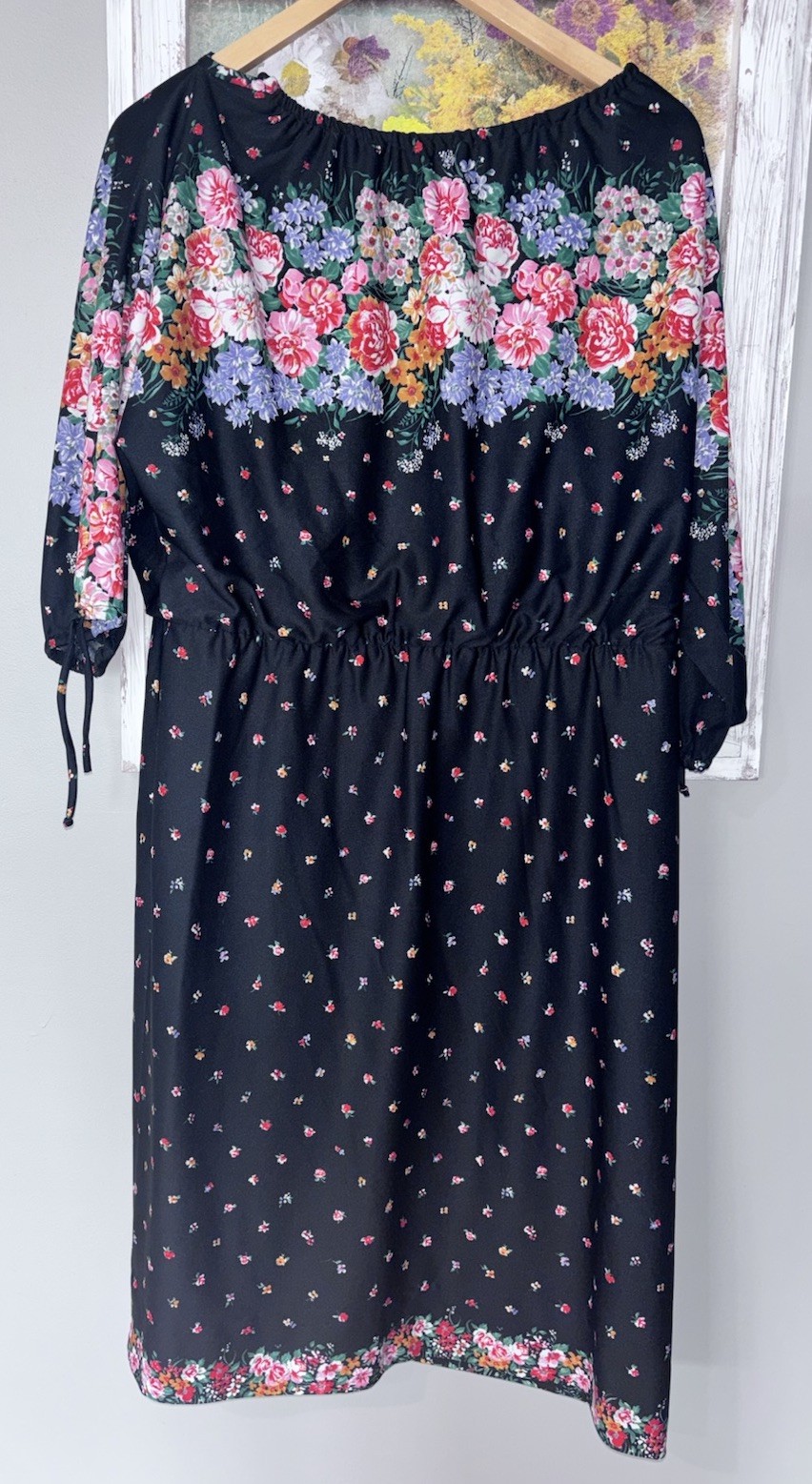 Vintage 70s Ellen Rogers Black Floral Dress Size 14.5 Or Large 3/4 Sleeves