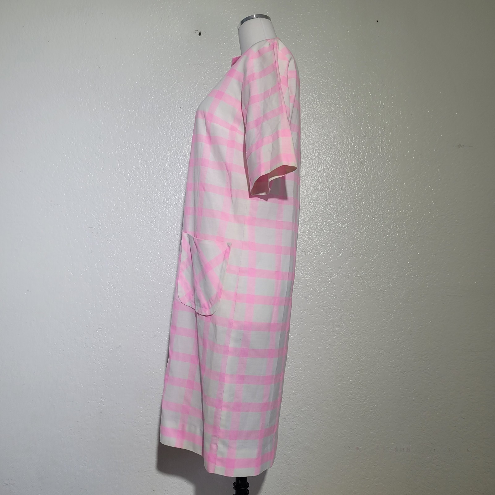 Vintage Stockton Pink Yvory Shirt Dress Gingham Button Up Front Pockets. No Size