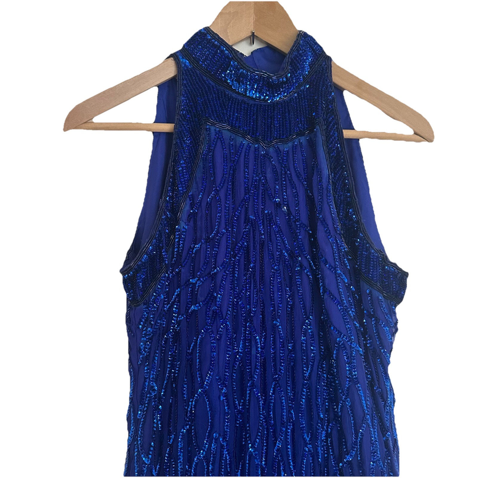 Vintage LAURENCE KAZAR Royal Blue BEADED Sequin Silk HALTER GOWN Long Formal M