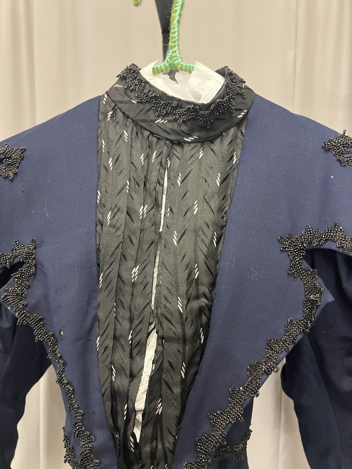 1890’s Royal Blue Bustle Gown Bodice Trimmed In Jet Beads & Silk