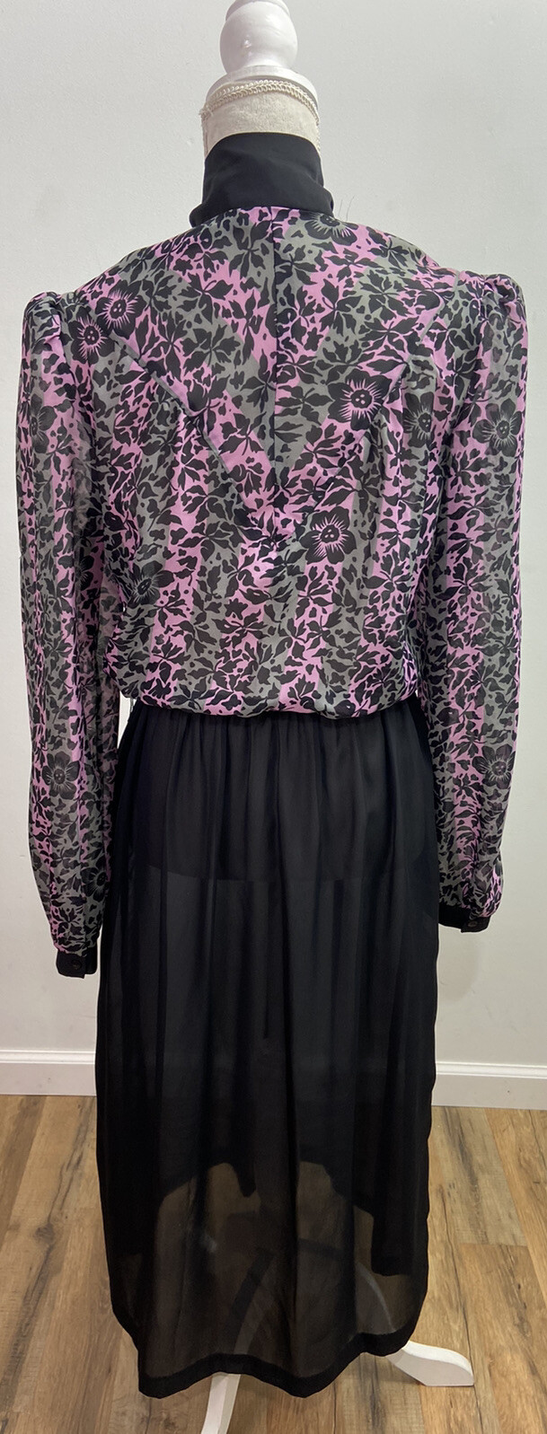 Vintage 60s Sheer Black and Purple Floral Blouson Tie Neck Dress Women’s Size 12