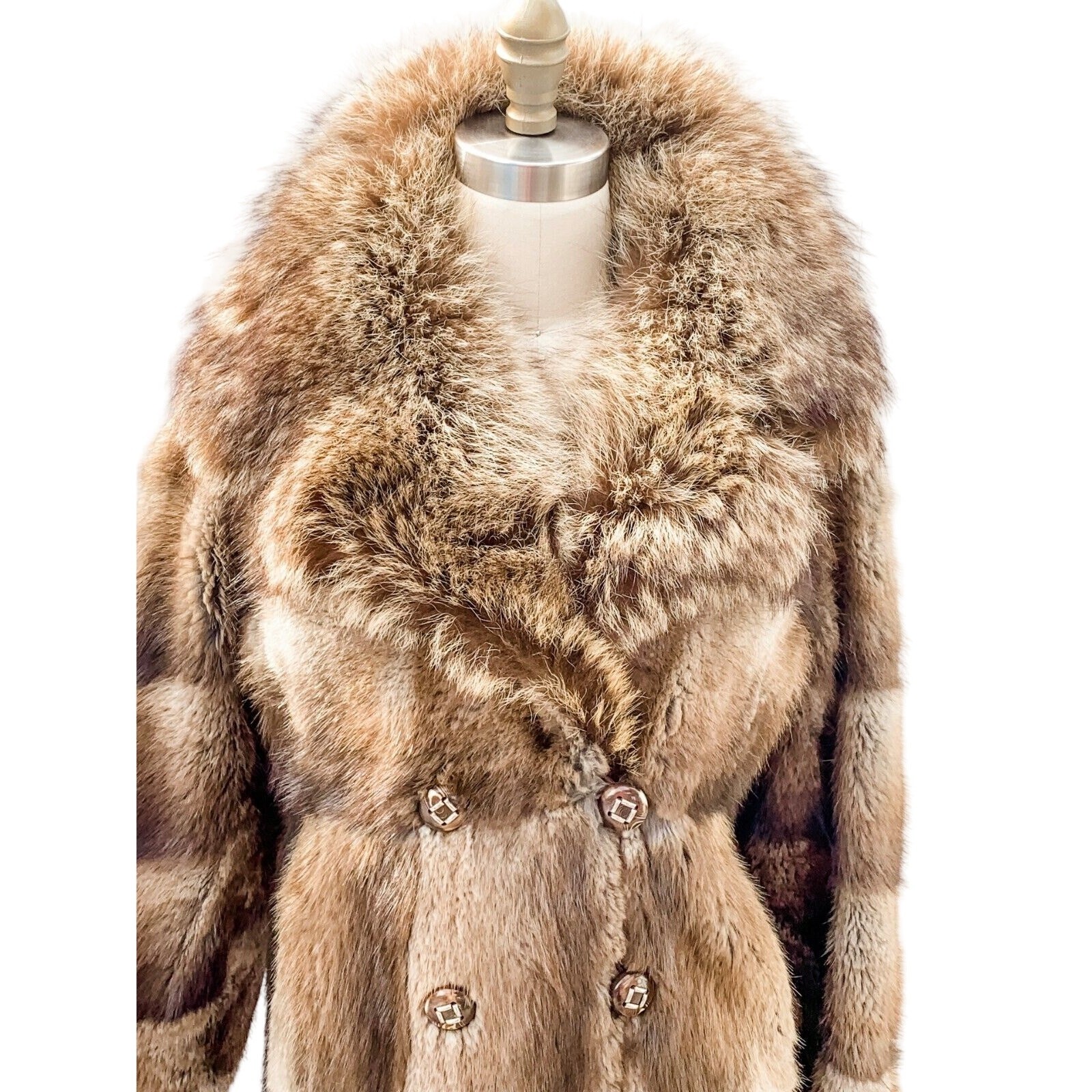 VTG 70s Beaver Fur Patchwork Coat Raccoon Collar Trench Boho Glam S M