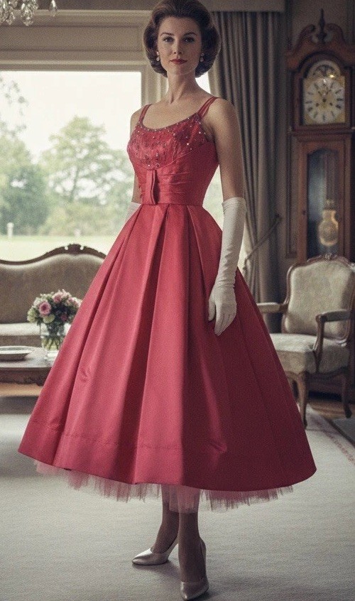 1949 Will Steinman Vintage Coral Satin Dress 22” Waist XXS Full Skirt 40s