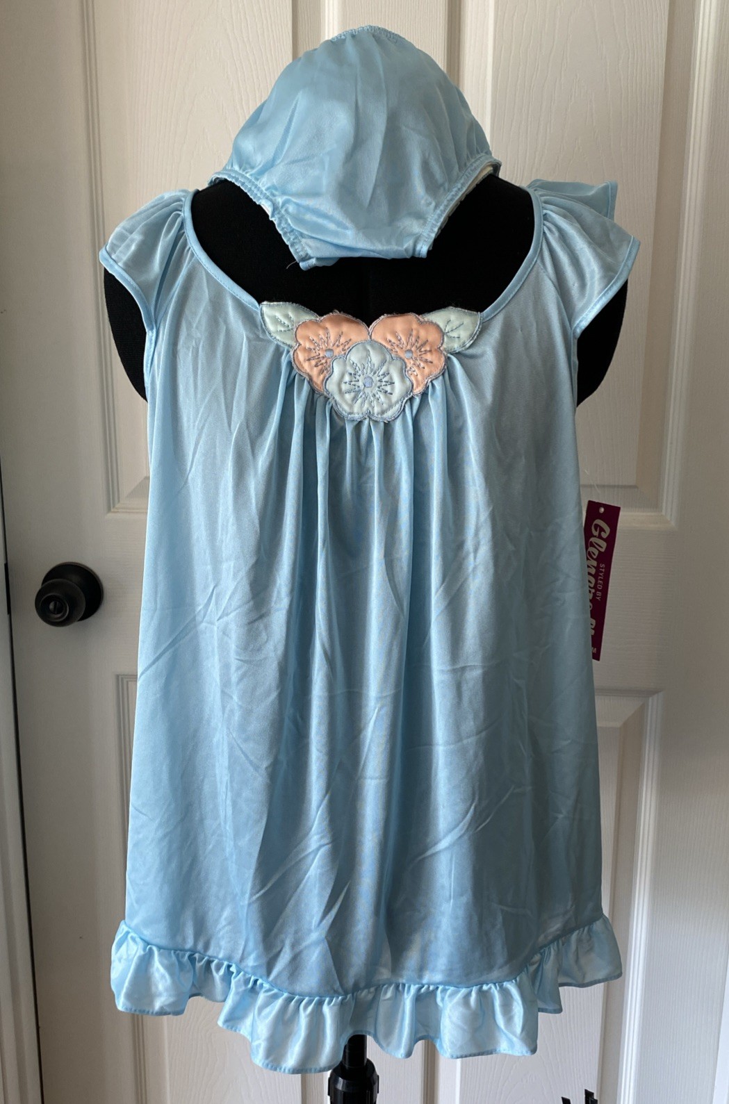 VTG Blue Nylon Babydoll Ruffled Nightie Granny Pantie Set NOS Sz.M (Lg. Panty)