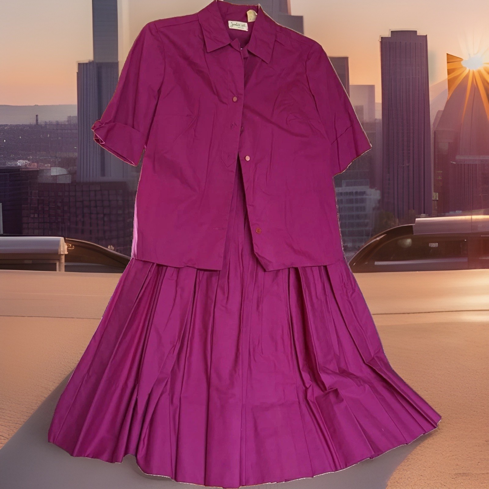 Vtg 50s Junior Dallas Pink Cotton Blouse Pleated Skirt Set Size 9 NOS