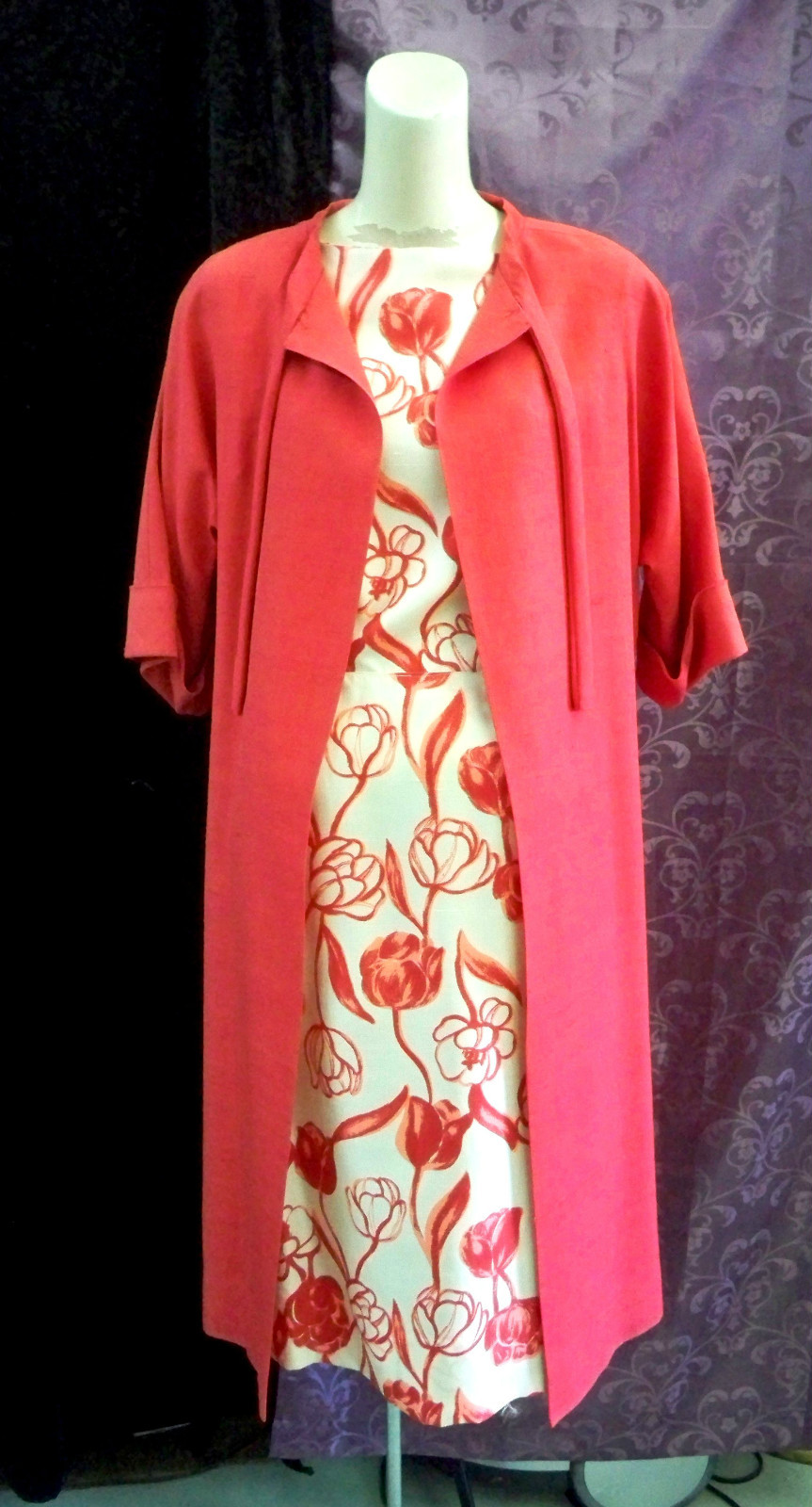 40s-60s Silk White w/ Pink Roses Dress w/ Deep Pink Coat