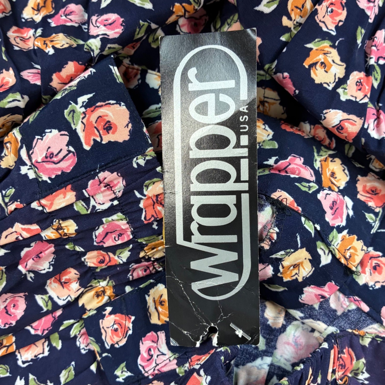 Vintage Wrapper USA Floral Wide Leg Pants Navy Pink Orange Rose Print Medium NWT