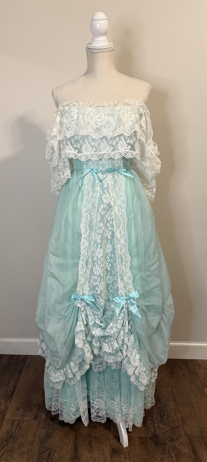 Loralie Southern Belle Lace Off the Shoulder Pale Turquoise Vtg Dress Sz 7/8