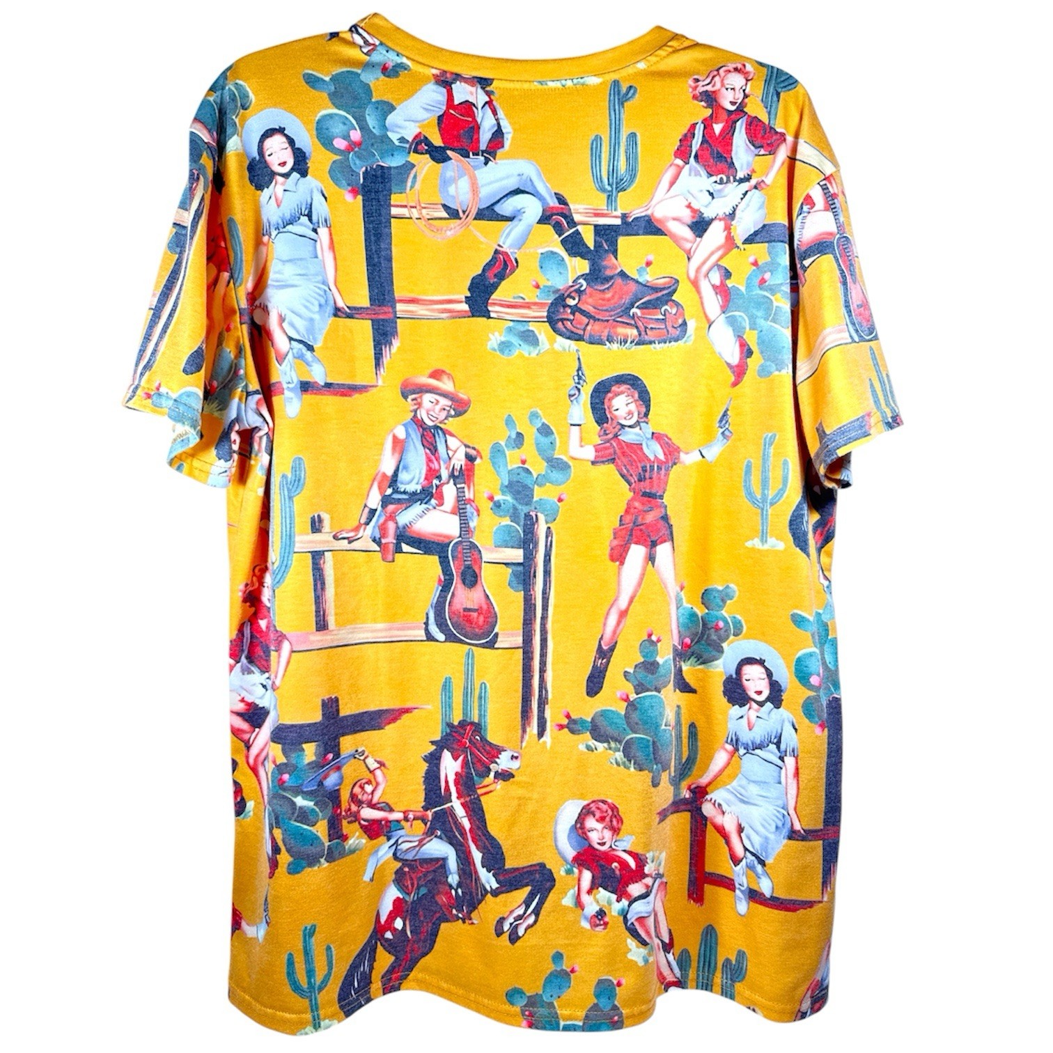 Retro Western Pinup Girl T-Shirt XL Yellow Desert Cactus Rodeo Cowgirl Guitar