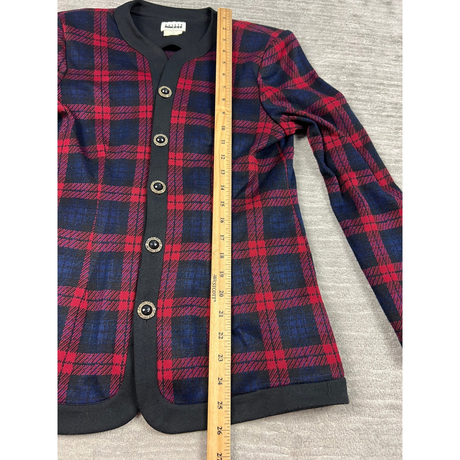 Leslie Fay Jacket Womens 8 Red Navy Plaid Vintage Knit Button Front Collarless