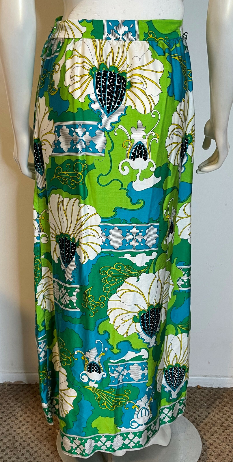 Vintage Alex Coleman 60s 70s Mod Floral Long Maxi Skirt S M Green Blue Art Deco