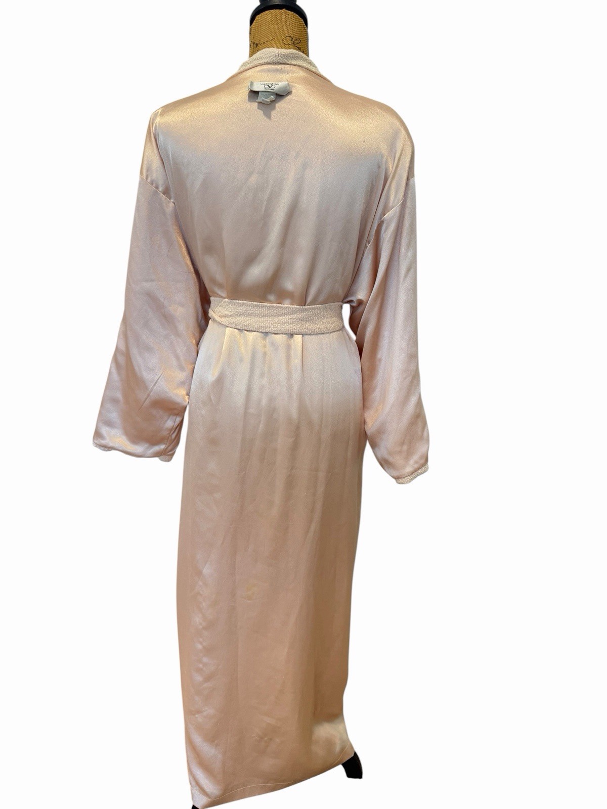 Vintage Valentino Intimo Pink Robe L Union Made USA Satin Trim Belt Long Bridal