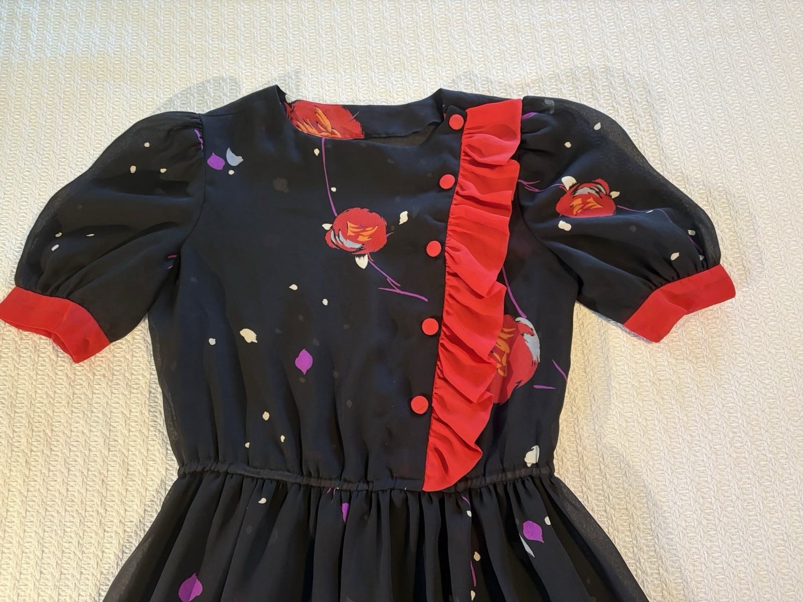 Vintage 80s New Wave Dress Sheer Chiffon Asymmetric Ruffle Puff Sleeve Punk Art