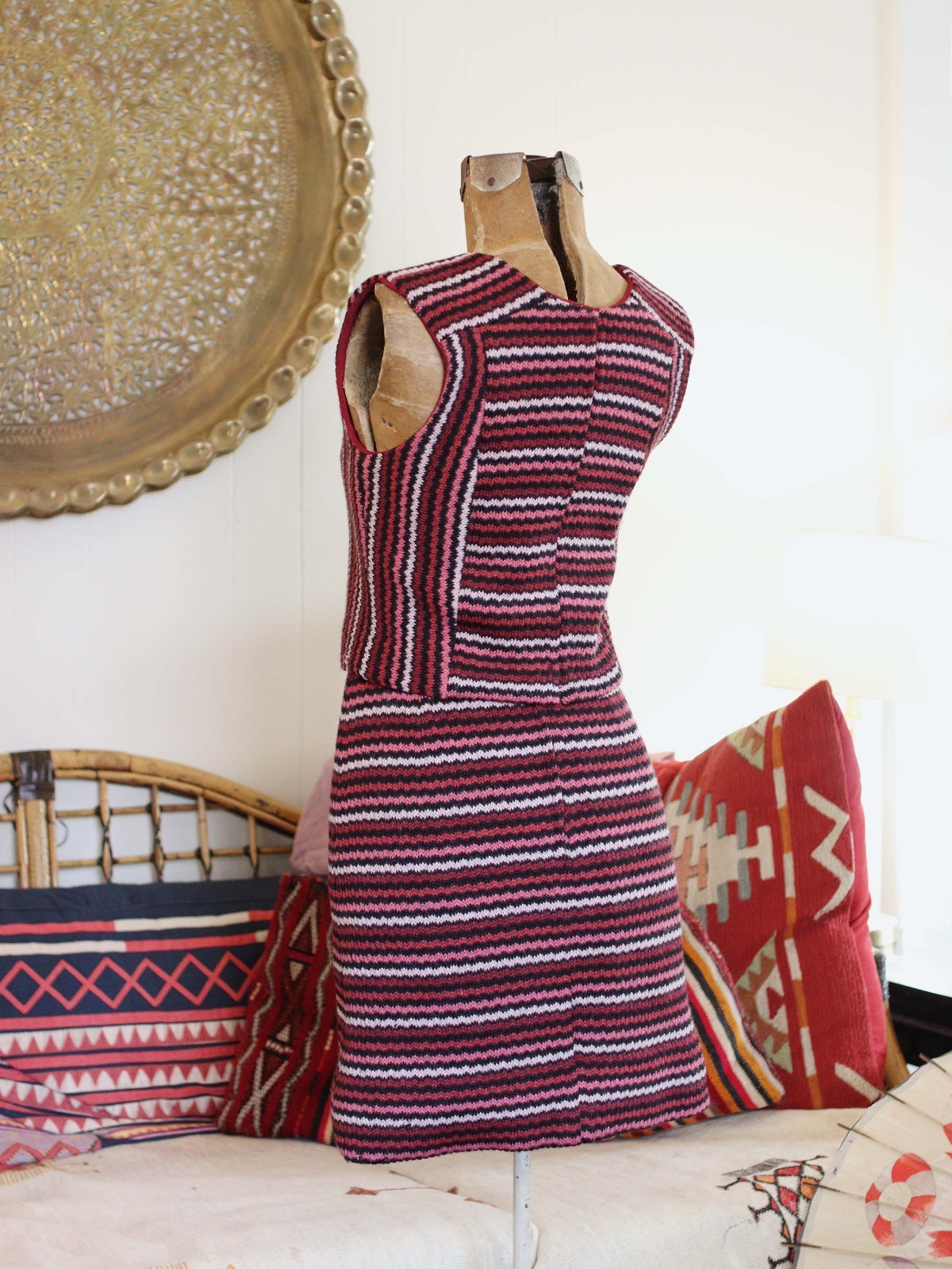 Vtg 1960s Retro Knit Striped Mini Skirt Sleeveless Crop Top Set Mod Mid Cenurty
