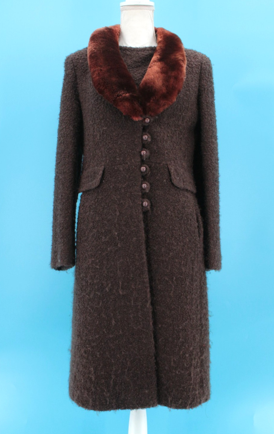 VTG Women’s 60s Dark Brown Boucle’ Wool Fur Collar Coat Sz S/M 1960s Mansfield
