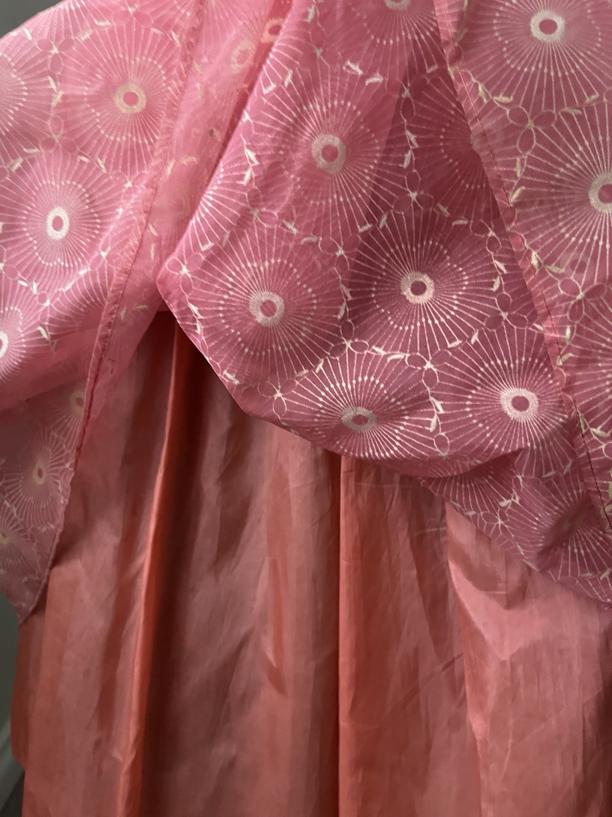 Vintage 1950s Coral Pink pattern double layer Tea Dress | Rhinestone Bow Details