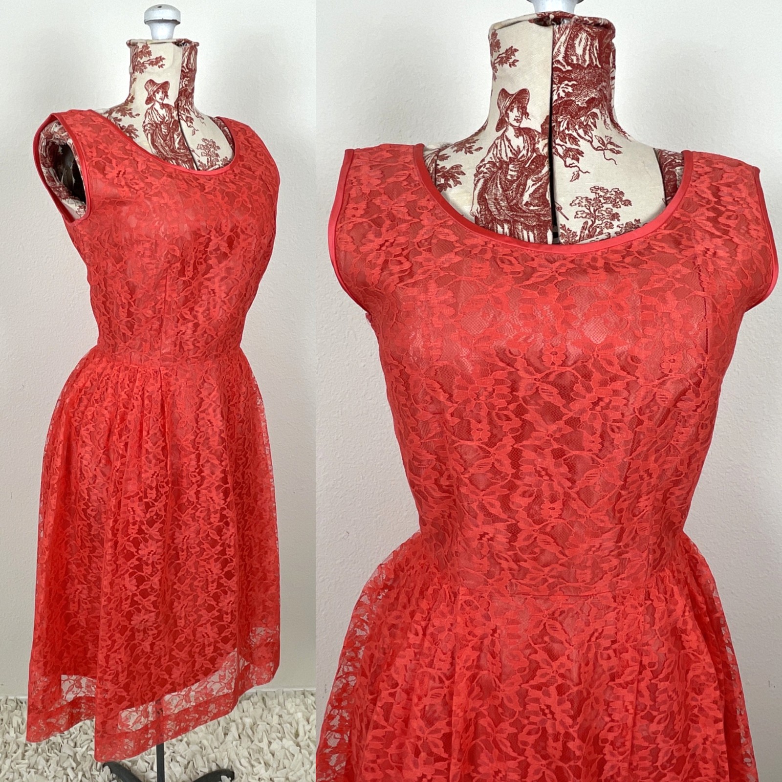 Vtg 50s CORAL LACE Dress J. Harlan Rockabilly Pinup Red Party Sheer Sexy 1950s